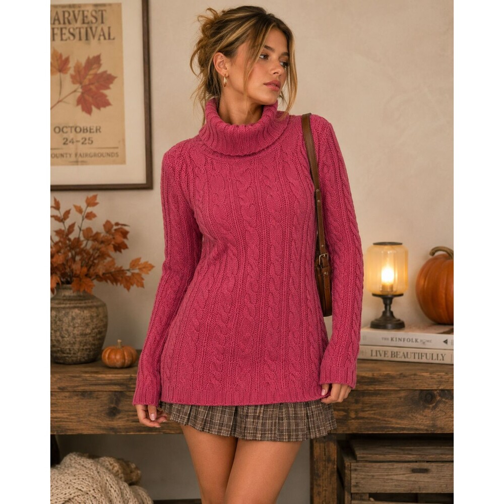 Pink Cable Knit Turtleneck Sweater Y2K Chunky Cozy Preppy Fall Long Sleeve